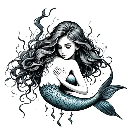 Mermaid Hugging Her Tail Wrapped