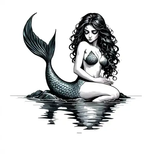 Sad Mermaid Sitting On A Rock Hugging Her Tail Looking Straight Ahead