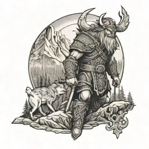 Viking With Wolf In Forest And Mountain Landscape