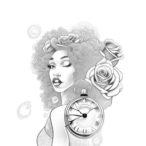 Black Girl Side Profile With Big Curly Hair Surrounded With Roses And A Clock On Leg