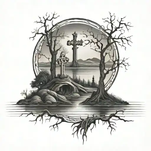 Haunted Lake Scene With Dead Trees And A Celtic Cross