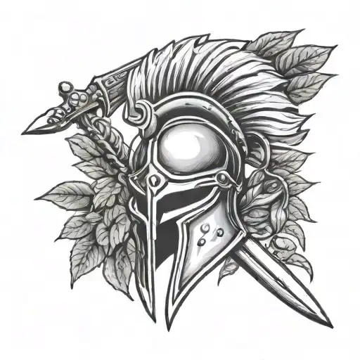 Italian Spartan Helmet With Bay Laurel Leaves And A Sword Going Through The Top