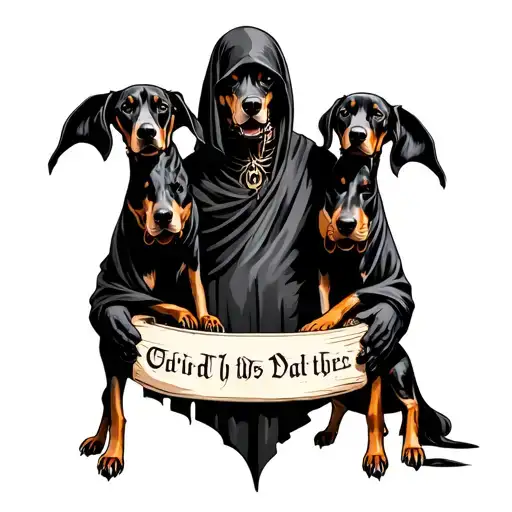 Grim Reaper Holding 3 Headed Doberman
