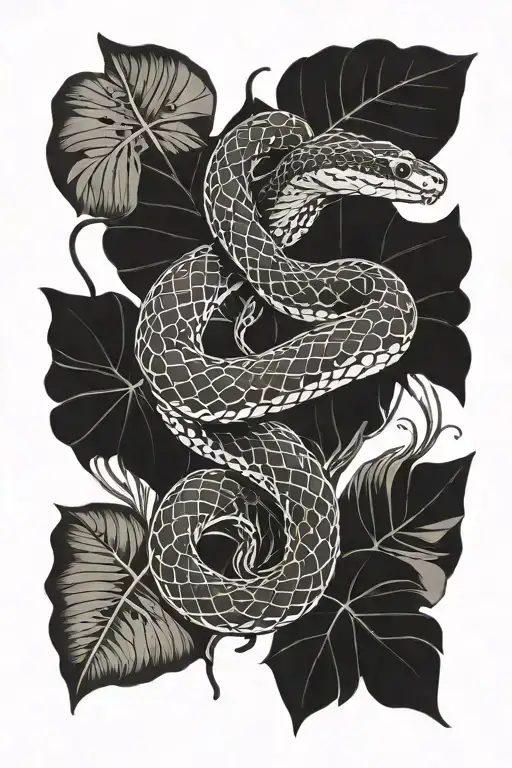 Snake With Heart Scales Intertwined In Rainforest Leaves