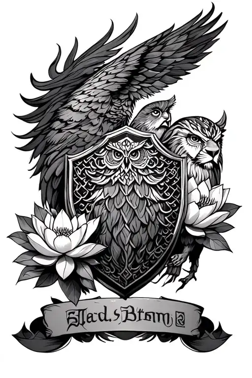 Lion Scales Owl And Lotus In A Shield Adorned