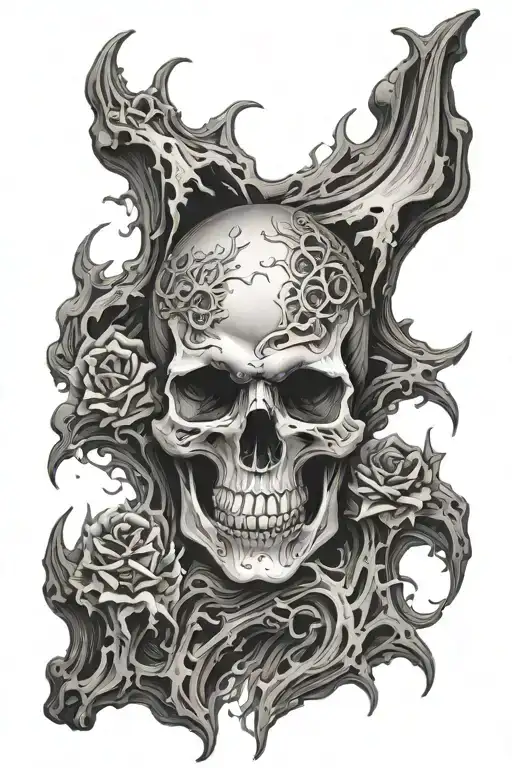 Skull Rising From Black Liquid Flows Black Out Sleeve