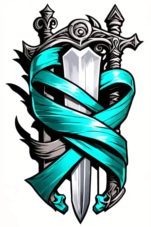 A Teal Cancer Ribbon Wrapped Around A Fantasy Sword