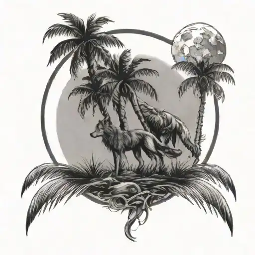 Small South Carolina Palm Tree With Wolf Howling At Moon