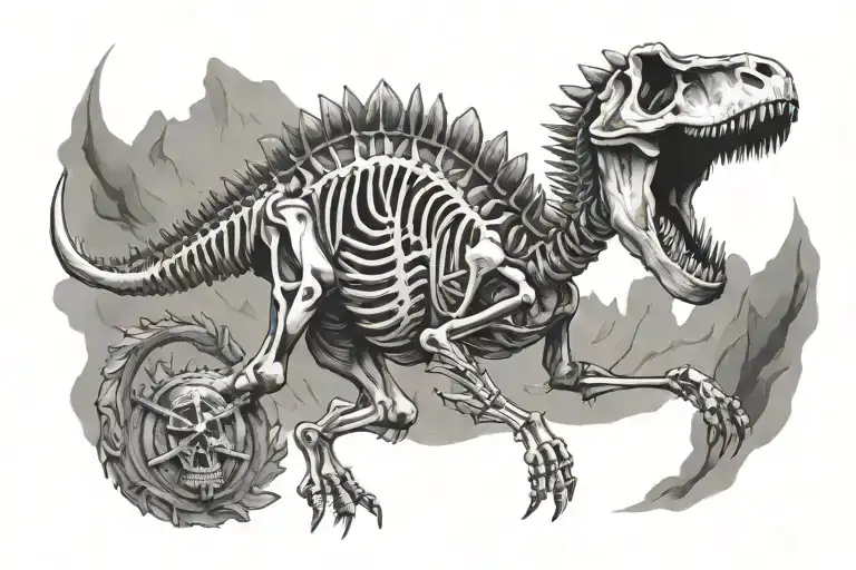 Human Skeleton Riding On A Dinosaur Skeleton