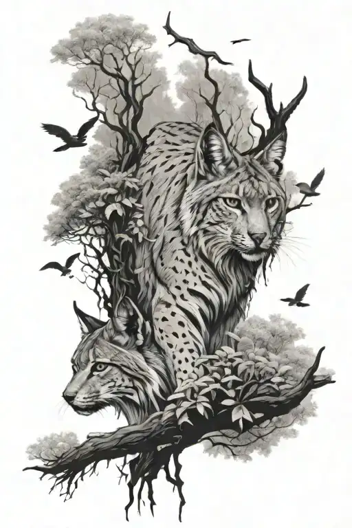 Lynx Forest With Birds Flying