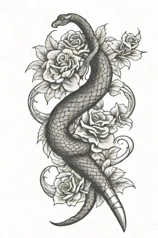 Snake Wrapped Around Dagger With Flowers