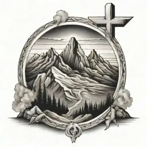 Christian Cross Summit Of A Mountain Landscape Ray Of Sunshine Coming In