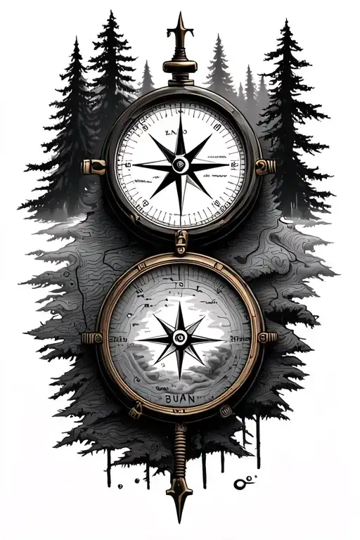 Compass With Forest And Topographic Map