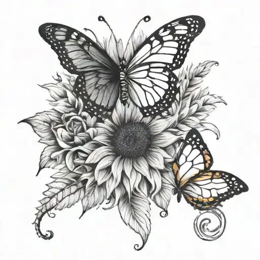 Butterflies And Long Sunflower And Be Delicate