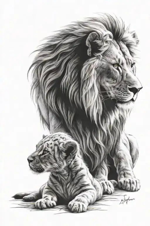 Realistic Heart Baby Lion And Father Lion