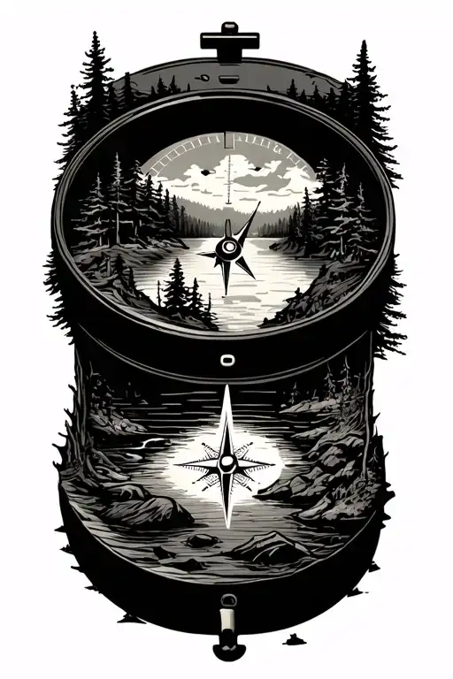 Compass With Topographic Map Forest And Fishing Scene