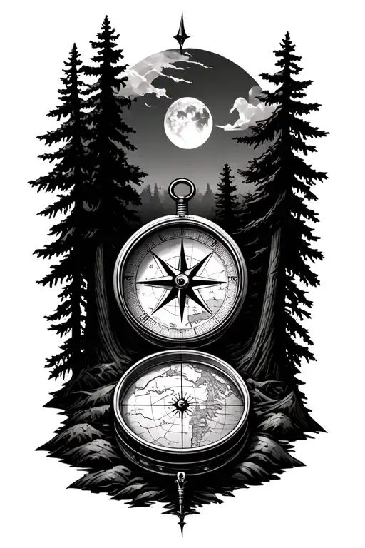 Compass With Map And Forest Scene
