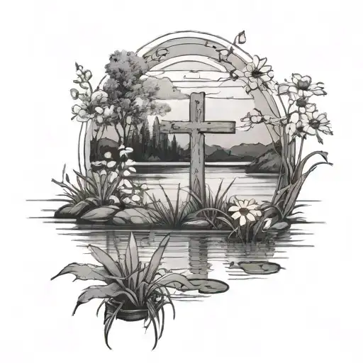 A Serene Lake Scene With A Cross Floating On The Water And Daisies Growing On The Shore