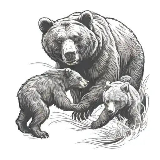 Bear And Cubs Playing