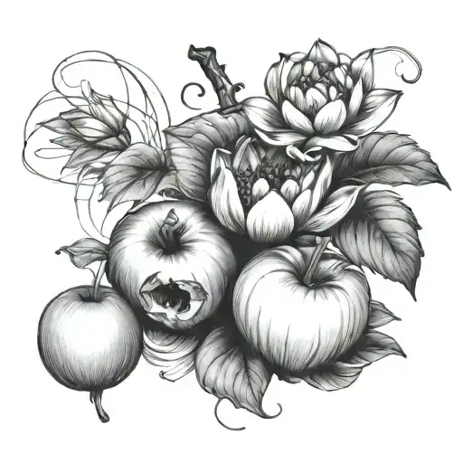 Flower And Fruit Still Life Intertwined One Apple Two Lotus