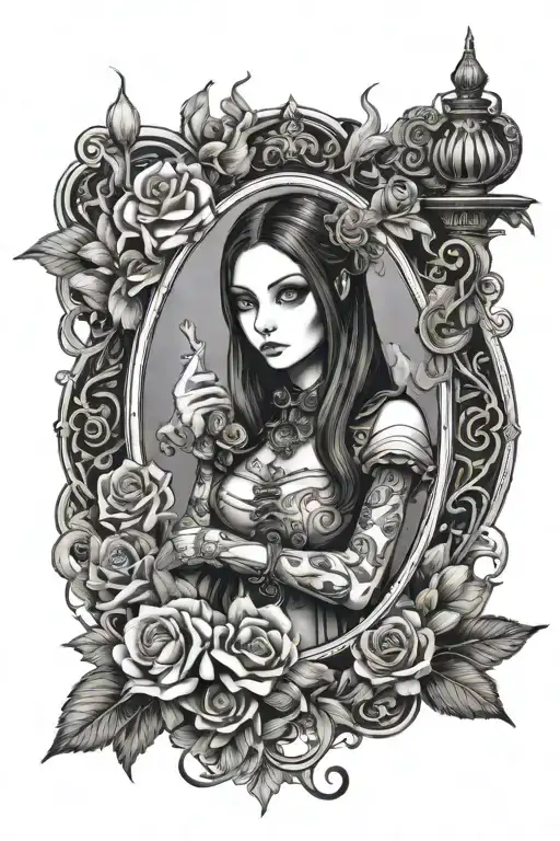 Alice Madness Returns With Steam Punk And Flowers Intertwined In A Tarot Card Style Frame