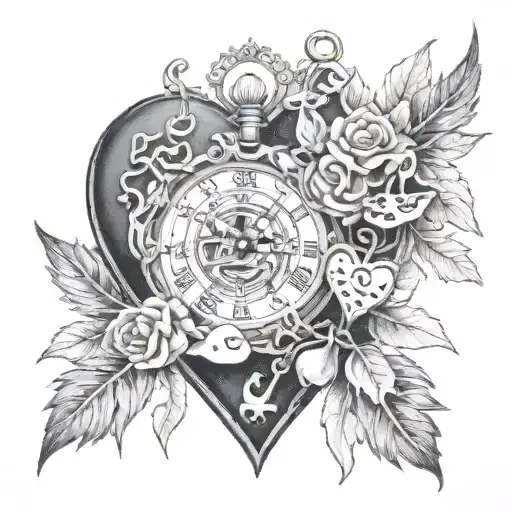 Heart Shaped Locket Clock With Roman Numerals And Skeleton Keys Dangling Withnames In The Middle
