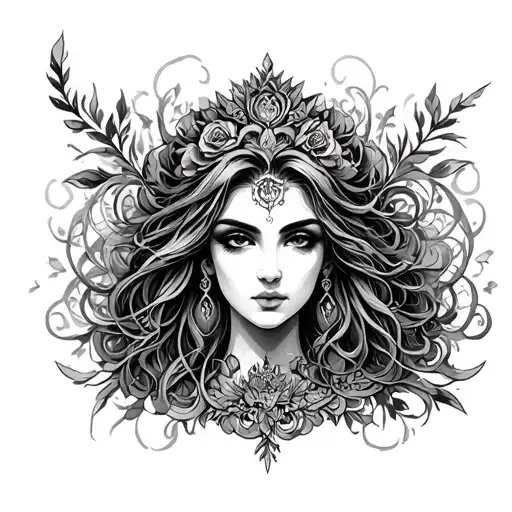 Edjptiin Goddes With Filigree In Background Black And White