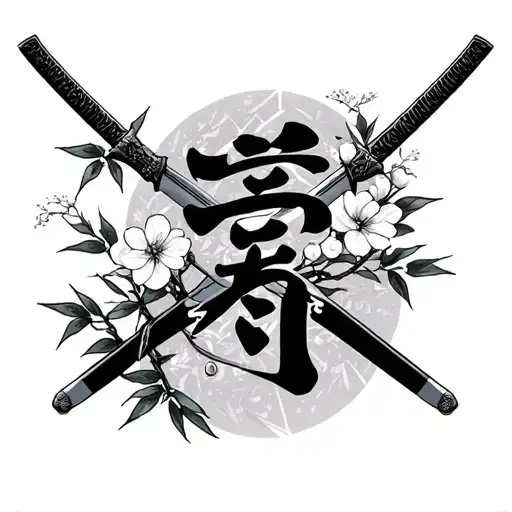 Japanese Writing With Samurai Sword And Cherry Blossoms And Bamboo