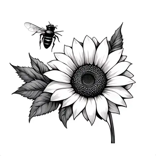 Black And White Sunflower And A Coloured Bee