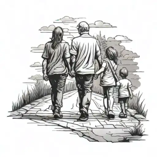 Father Son Daughter Mother Walking On The Road