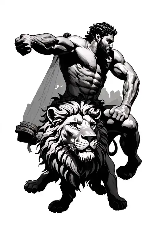 Greek Fighter At Bottom Fighting Lion