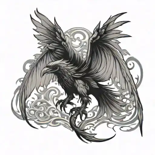 Smoke Dragon And Raven With Outstretched Wings