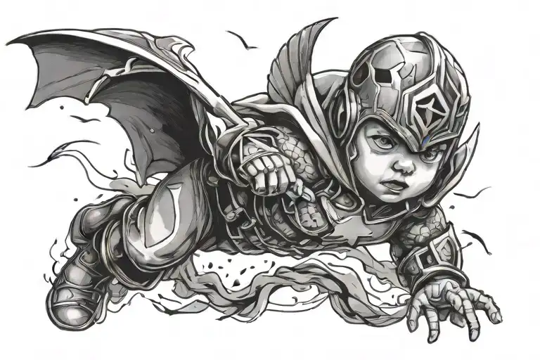 Baby Boy Hero Flying Above And Fighting With Lesser From It's Eyes