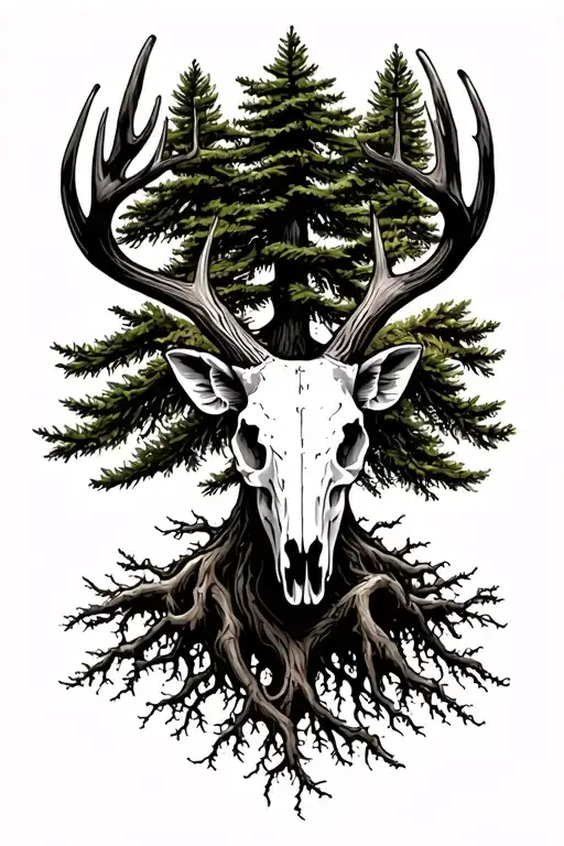 Silloutte Deer Skull Pine Tree With Roots Forming The Shape