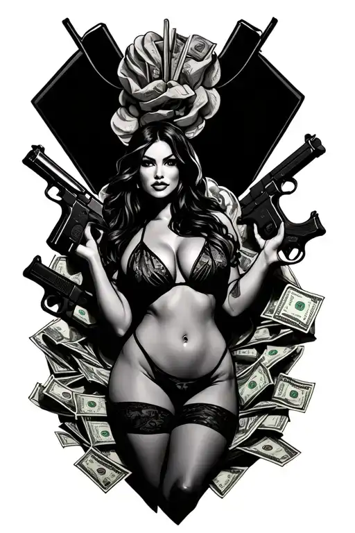 Curvy Woman In A Bikini Surrounded By Money And Guns