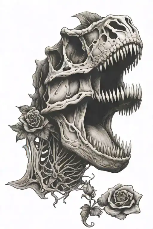 T-rex Skull With A Single Rose In Mouth Closed