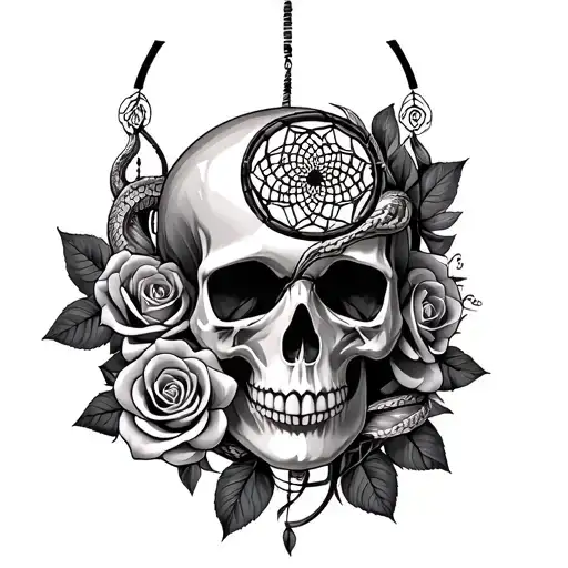 Skull With Snake And Roses With Dream Catcher Entangled