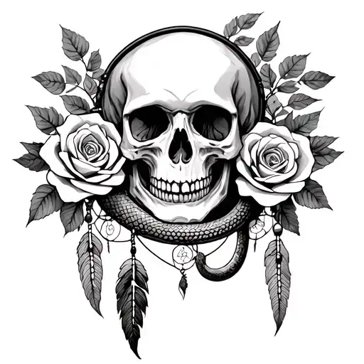Skull With Snake And Roses With Dream Catcher Very Detailed