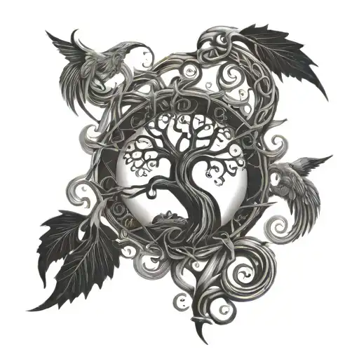 A Tree Of Life Intertwined With Vampire Hunting Symbols In A Dark And Mysterious Design