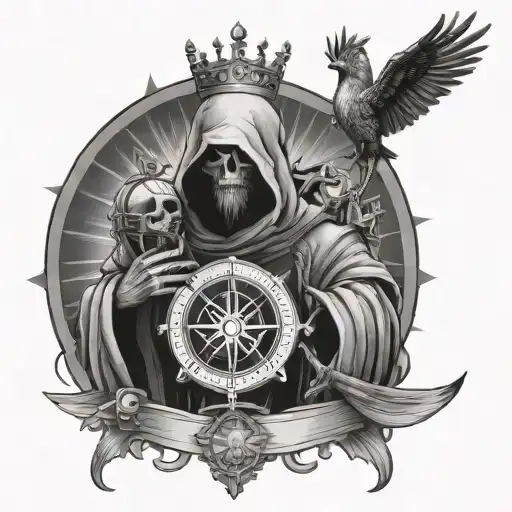 Reaper In A Crown Holding A Bird Cage And Compass