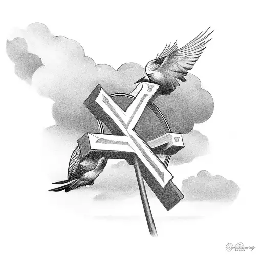 Christian Cross With Clouds With A Bird