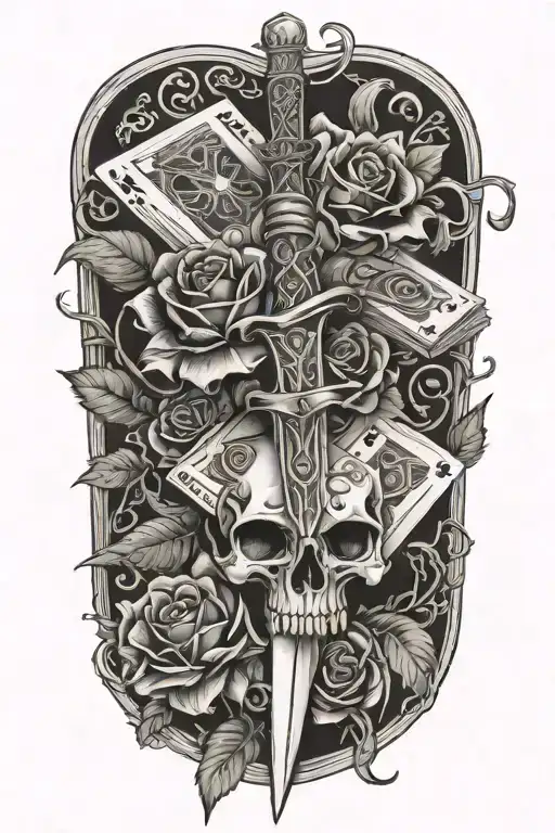 Dagger Going Threw Rose And Vines Wrapped Around It With Suits Of Cards Etched In The Blade