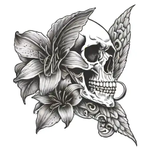 Skull With A Lily And A Hummingbird