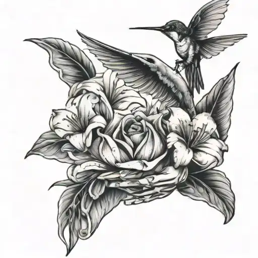 Skeleton Hand Holding A Lily And A Hummingbird