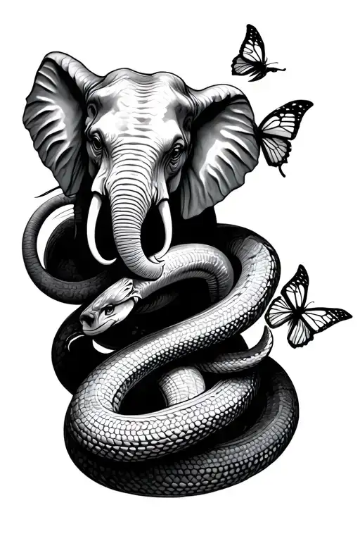 Long Curving Snake Wrapped And Coiled Around A Elephant With Sad Broken Butterflies