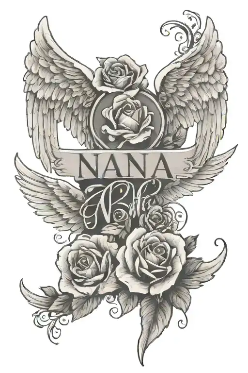 Angel Wings With The Word Nana In The Middle With Roses In The Corners
