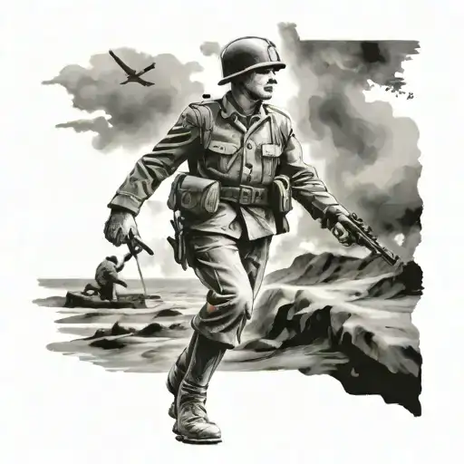 British Ww2 Soldier Standing Tall Amidst Beach Scene