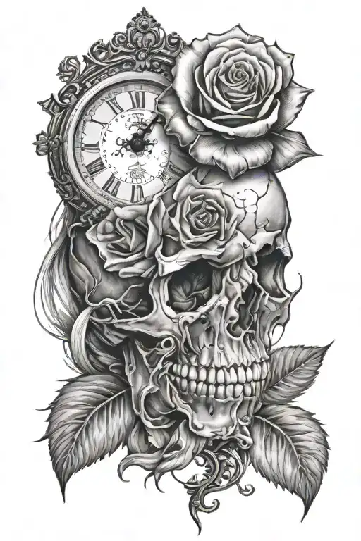 A Rose The The Bottom Of A Skull And A Rose At The Top Of The Skull With A Clock In The Skull
