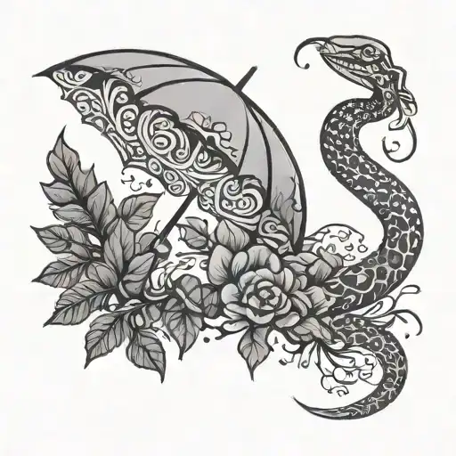 A Burning Umbrella With A Snake Instead Of A Handle And Minimalist Leaves Growing From It