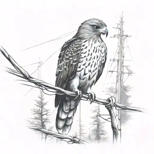 Hawk On Power Lines In A Forest